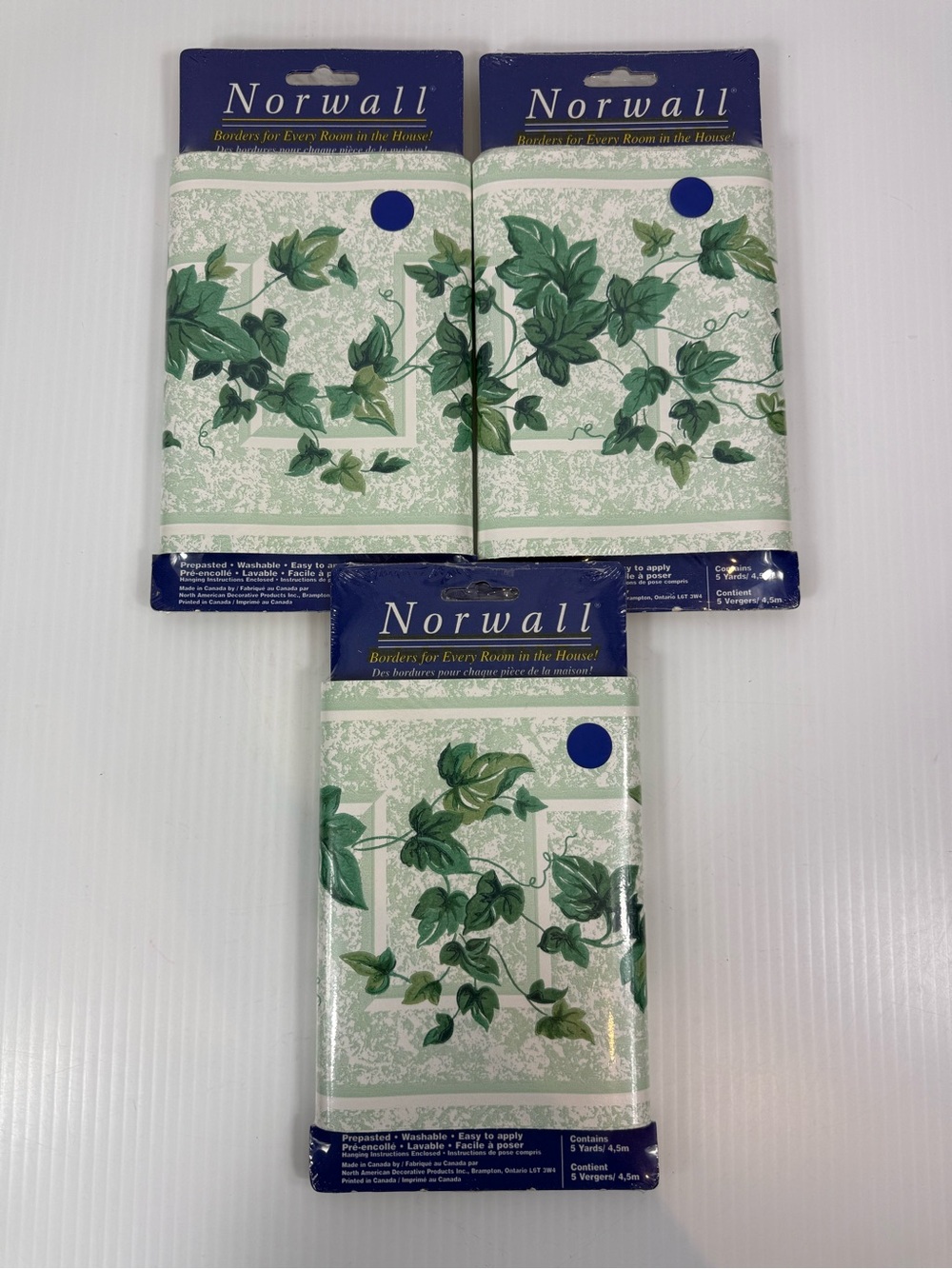 Vtg Norwall Green Ivy Wallpaper Border Lot of 3 Prepasted Each Pkg 5 Yards 4.5m